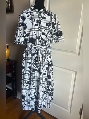 Dkny Black & White Floral Midi Shirt Dress with Tie Waist